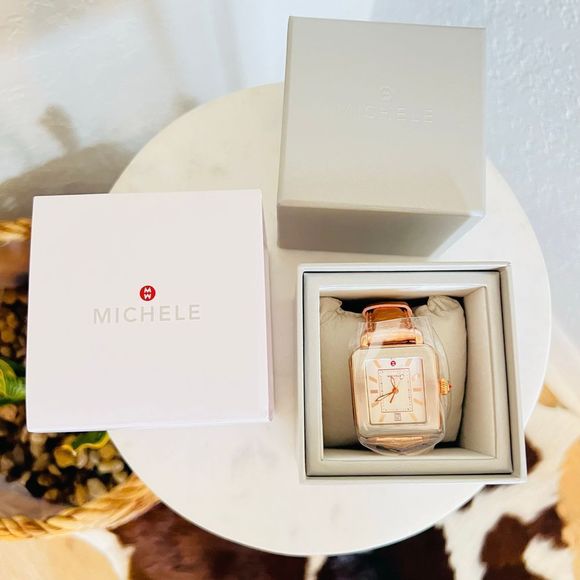 MICHELE Deco Sport Watch Head & Pink Gold Leather Strap Watch, 34mm, NEW IN BOX - Picture 2 of 16
